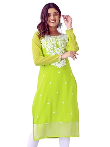 Image of HESVI Women's Georgette White Lakhnavi Chikankari Kurti with Intricate Embroidery Work