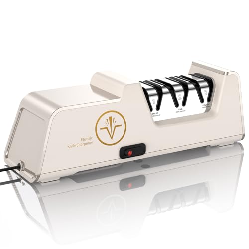 Image of VIDOME Electric Knife Sharpener, Champagne Gold & White | 100% Diamond Abrasives, 3-Stage Precision Angle Guides, For Kitchen Straight Edge Knives, For Ceramic Knives, Professional