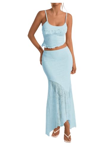 Milumia Womens 2 Piece Outfits Ruffle Trim Cami Crop Top and Low Rise Maxi Skirt Set Light Blue Small