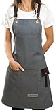 MONAPRON Denim Unisex Women and men Chef Apron with Vegan Leather Extra Pockets Adjustable Straps, Cooking Kitchen Apron for Wife Husband, Grill BBQ Server, Bartenders, Gardening Baking gray
