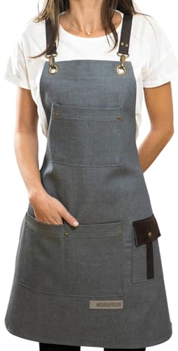 MONAPRON Delantal de chef unisex de mezclilla con bolsillos extra de cuero vegano, correas ajustables, delantal de cocina para esposa, marido, servidor de barbacoa, camareros, jardinería, horneado, 13