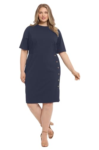 London Times Women's Short Sleeve Knee Length Crew Neck Button Side Career Polished Sheath Dress4