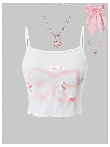 WDIRARA Girl's Bow Y2k Cami Crop Top Scoop Neck Fitted Ribbed Knit Camisole Tops3