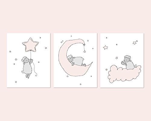Lamb Nursery Art - Lamb Moon and Stars - Set of 3 - Nursery Art Prints - Pink and Gray