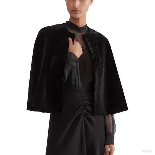 Women's Faux Fur Cape Coat Open Front Round Neck Furry Shaggy Jacket Warm Outerwear