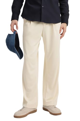 Image of SNITCH Men Casual Trousers | Loose Fit Pleated Front Plain Wide-Leg Style | Lightweight Polyester Blend Medium-Stretch Fabric for Summer & All-Day Comfort Wear