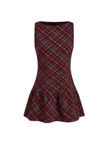 CIDER Mini Dress A Line Plaid Ruffle Hem Sleeveless Low Waist Boat Neck Dress Party Casual Date