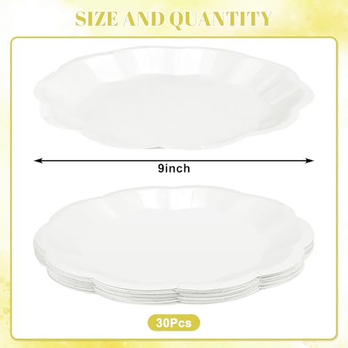 Image of NatNarr 30 Pcs White Paper Plates, 9 Inch Scalloped Paper Plates Disposable Dinner Plate Dessert Cake Plate Party Supplies for Wedding Bridal Baby Shower Birthday