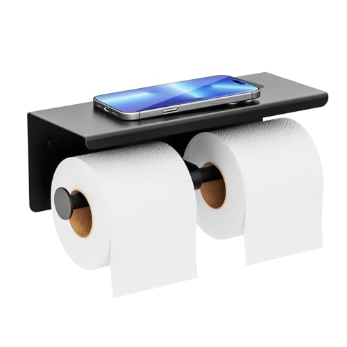 FreshGlow Double Toilet Paper Holder with Shelf, Wall Mount Tissue Roll Holder for Bathroom, 304 Stainless Steel Commercial Toilet Paper Dispenser with Phone Shelf, Matte Black