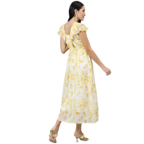 Image of Latin Quarters Women's Yellow Half Sleeve Printed Maxi Dress