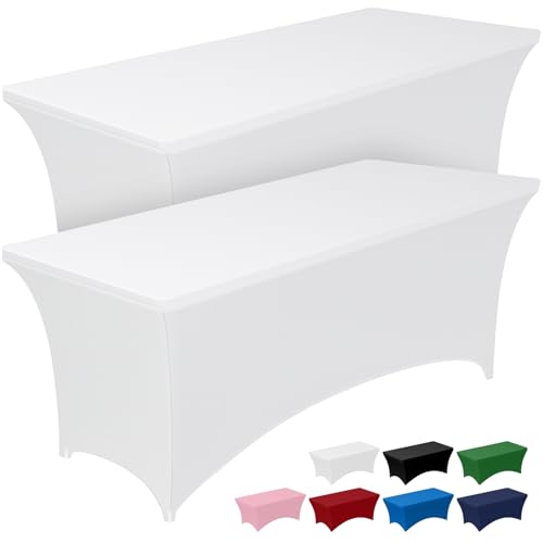 Pureegg Spandex Tablecloth 8ft - 2 Pack, Fitted and Tight Cloth for Rectangle Table, Wrinkle-Free and Stretch Table Cover for Party, Wedding, Banquet and Birthday, White