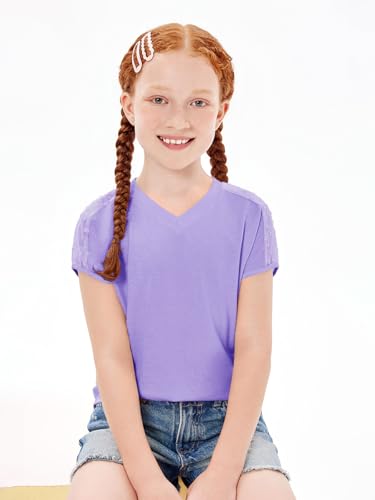 Image of Haloumoning Girls V Neck T-Shirts Kids Summer Swiss Dot Short Sleeve Tops Cute Fashion Tees 5-14 Years