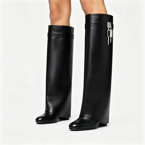 Image of keleimusi Fold Over Wedge Boots Heeled PadLock Pant Knee High Shoes Tall /Short Booties