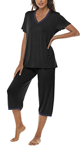 Image of JINSHI Women's Pajamas Set Short Sleeve Top and Capri Pants Lightweight Sleepwear Comfy Pjs Lounge Set with Pockets