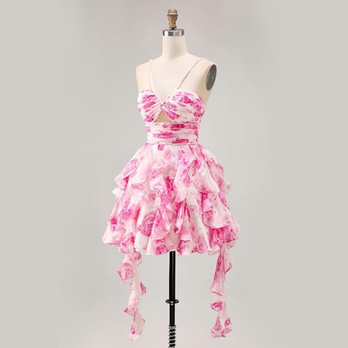 Chiffon Short Homecoming Dresses for Teens Spaghetti Straps Tiered Ruffle Beaded Floral Cocktail Party Dress2