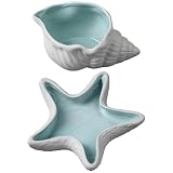 Machify Ceramiczny zestaw naczyń na biżuterię, taca na drobiazgi z muszlą i naczyniem z rozgwiazdą, do dekoracji domu na wybrzeżu i komody, biały + niebieski organizer na biżuterię