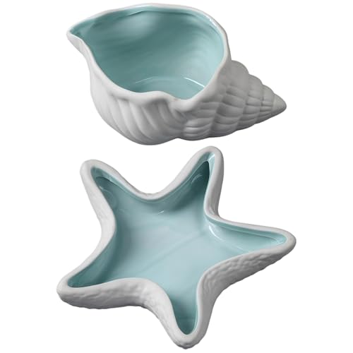 Machify Ceramiczny zestaw naczyń na biżuterię, taca na drobiazgi z muszlą i naczyniem z rozgwiazdą, do dekoracji domu na wybrzeżu i komody, biały + niebieski organizer na biżuterię