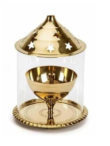 Image of Brass Akhand Diya with Glass Cover 6 Inch Pack of 2 | Golden Decorative Brass Oil Lamp & Tea Light Holder | Cylindrical Lantern for Durga Pooja, Navratri, Temple, Festive & Home Dcor