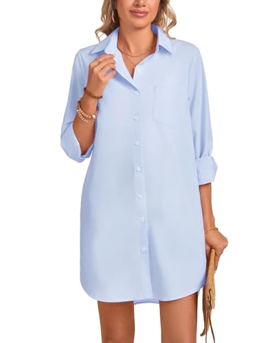 Image of MINTLIMIT Womens Button Down Shirt Dress Spring Summer Loose Casual Long Sleeve Shirt Dresses with Pockets 2025 Trendy