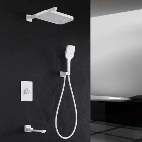 Mitigeur de douche encastré blanc avec douchette à main et bec de baignoire pivotant