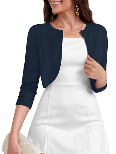 Image of Heymoments Women's Thin Shrugs for Dresses Navy Blue 2X-Large Open Front 3 /4 Sleeve Knit Lightweight Crop Cardigan Dressy Cropped Tops Coat Sweater Clothes