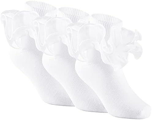 Yepami 3 Pairs Girls Ruffle Socks Big Double Lace Frilly Trim Dress Socks (White, Small, 2_years)