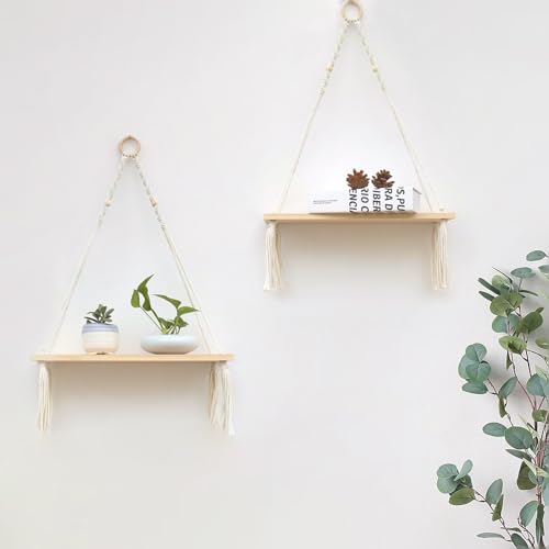HVEST Macrame Wall Hanging Shelves Set of 2 Boho Wall