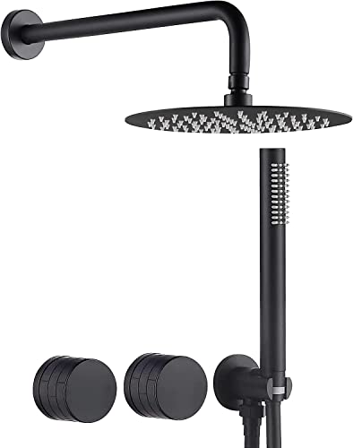 Système de douche pluie laiton noir mat avec douchette à main murale 10 pouces