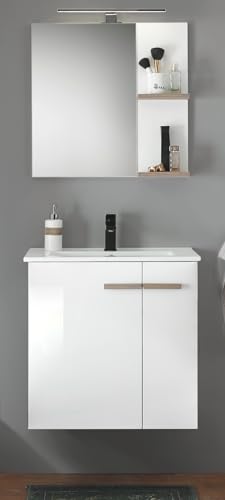 Furn.Design Badmöbel Set in weiß Hochglanz Lack und Eiche Badkombination Waschbeckenunterschrank MIT Waschbecken hängend und Spiegel 60 x 200 cm Dense (Weiß, Set 1)