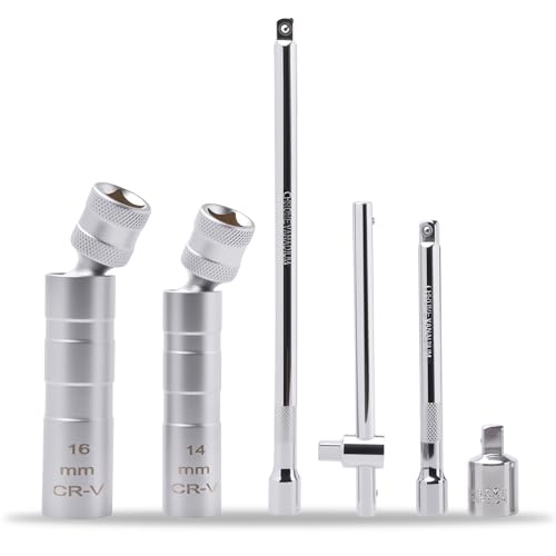 Tazozo Spark Plug Socket Set 3/8” 12-Point Thin Wall Spark Plug Removal Tool 14mm 16mm Magnetic Swivel Spark Plug Spanner for Car Repair with 3/8 Extension Bar