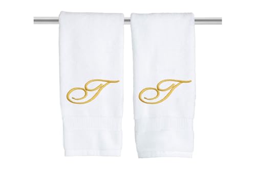 Decorvo White Monogrammed Hand Towels for Bathroom - Luxury Hotel Quality Personalized Initial Embroidered Towel for Powder Room, Spa - GOTS Organic Certified - Set of 2 Gold Letter T