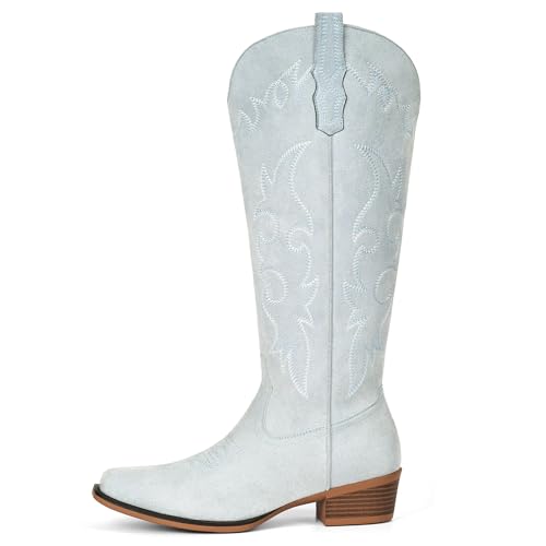 Image of Suede Cowboy Boots for Women Knee High Western Cowgirl Boots | Pointed Toe Low Heel Classic Embroidered Boot
