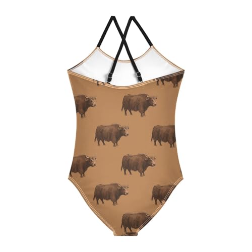 Highland Cow Ox Brown Girls One Piece Swimsuit Beach Swimwear 23017562