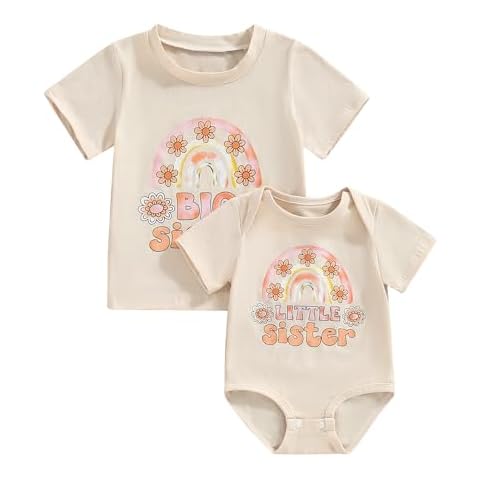 Baby Big Sister Little Sister Shirts Romper Set Matching Outfits Big Lil Sis Short Sleeve Bodysuit Sibling Clothes (Beige, Kids 3-4 Years/Baby 0-3 Months) Cover