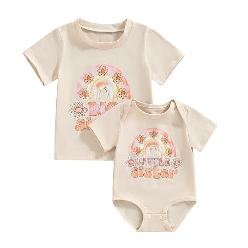 Image of Biayxms Baby Big Sister Little Sister Shirts Romper Set Matching Outfits Big Lil Sis Short Sleeve Bodysuit Sibling Clothes (Beige, Kids 2-3 Years/Baby 0-3 Months)