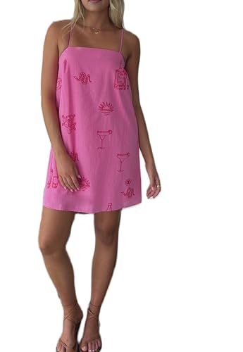 Image of NUFIWI Women Boho Graffiti Cami Mini Dress Spaghetti Strap Printed A Line Short Dress Backless Cut Out Colorful Sundress