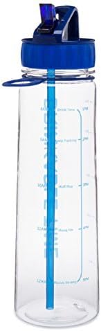 Drinkable Time 30 Oz Hydration Fitness Workout Sports Water Bottle Time Tracking Goal Marked Measurements and Encouraging Words with Straw BPA Free Plastic Insulated Ice Cubes Leak Spill Proof (Blue)