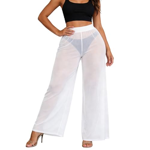 Generisch 2026 Hosen Damen Weit geschnittene, transparente Badehose Mesh, lockere Strandhose, Hochgeschnittene Bikinihose mit geradem Beinabschluss, Lange Hose (White, XXL)