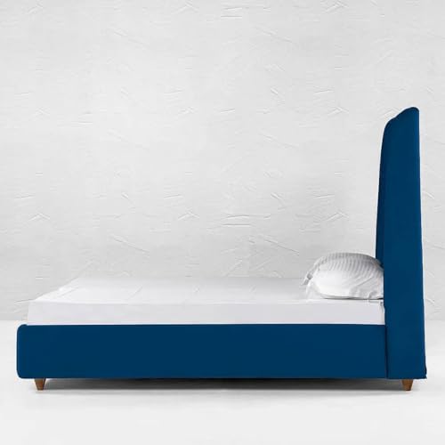 Image of Wooden Modern Upholstered Queen Size Bed for Bedroom | Wooden Double Bed Without Storage | Platform Cot Upholstered Bed with Upholstery Fabric | Engineered Wood | 6.5 x 5 Ft | Blue