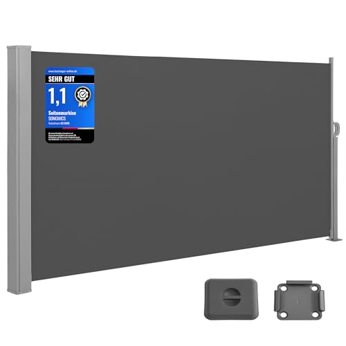 SONGMICS Seitenmarkise mit Stahl-Kasten rostbeständig ausziehbar 200 x 400 cm Windschutz Sonnenschutz Blickdicht Seitenrollo für Balkon Terrasse Garten anthrazit GSA204G02