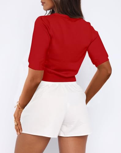 Image of LEEDYA Summer Cardigans for Women Lightweight Short Sleeve Open Front Knit Cropped Sweaters V Neck Button Up Bolero Shrug Top