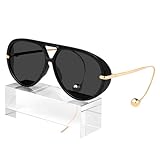 KesaPlan Vintage Oversized Aviator Sunglasses Women with Earring, 70s Retro Pilot Shield Big Frame Eyewear 2025 Luxury Trendy Sun Glasses（Black/Grey）