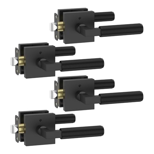 FILTA 4 Pack Matte Black Privacy Door Handles, Knurled Door Levers Interior Matte Black Door Lever Bathroom Door Knobs Heavy Duty Square Door Lock