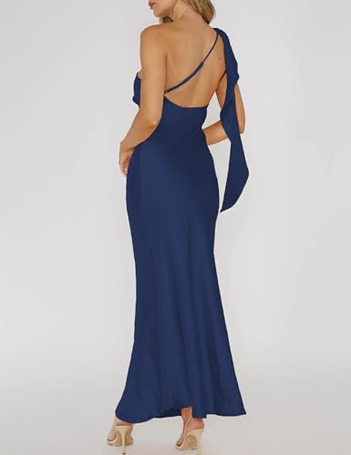 Image of 2026 Satin One Shoulder Maxi Dress for Women Summer Silk Formal Elegant Backless Ruffle Sleeveless Wedding Guest Dresses