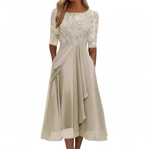 Womens Boho Lace Hollow Out Lace Dresses Elegant Midi Chiffon Formal Evening Gown Wedding Party Dress Gold