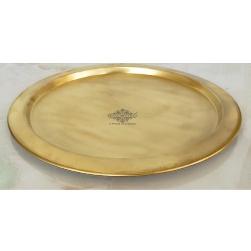 Image of INDIAN ART VILLA Handcrafted Brass Plain Plate /Thali, Matte Finish, Ideal for Serving Food or Home Decor, Diameter - 16 inch