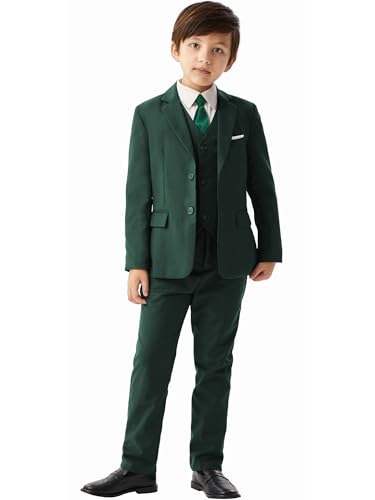 MAGE MALE Boys'5-Piece Suits Multiple Colour Tuxedo Formal Slim Fit Boys Suit Set with Suspenders and Adjustable Waist Dark Green