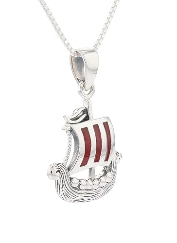 Norse Viking Ship Sterling Silver Pendant Necklace with Red Striped Sail 18"2