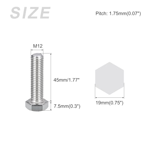 Image of METALLIXITY Hex Bolts (M12-1.75x45mm) 5Pcs, 304 Stainless Steel Coarse Fully Threaded Hex Head Screw Bolt Machine Screws - for Furniture Repair, Silver