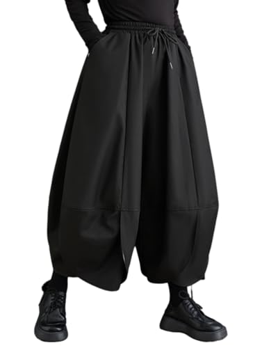 ellazhu Women's Puffy Drawstring Elastic Waist Drop Crotch Hakama Harem Wide Leg Pants GZ81 A